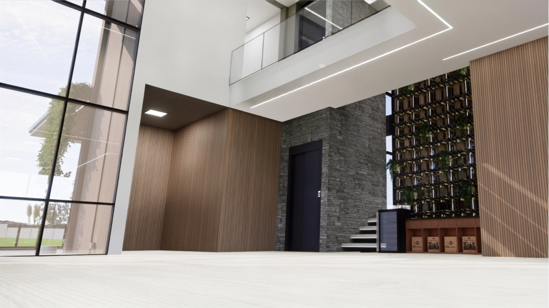Imagem interna de hall e pé-direito da residência